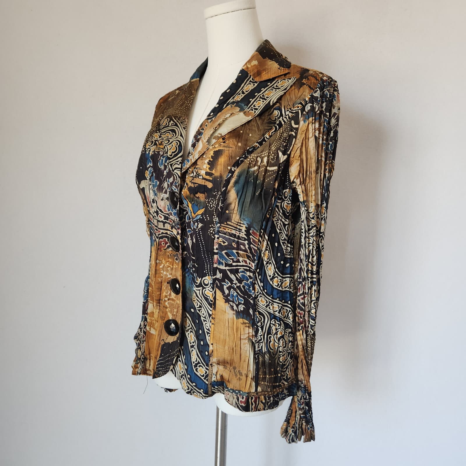 Alberto Makali Satin Crinkle Bead Blazer Jacket Mesh-Lining Geo-Printed Womens M - Thumbnail 2