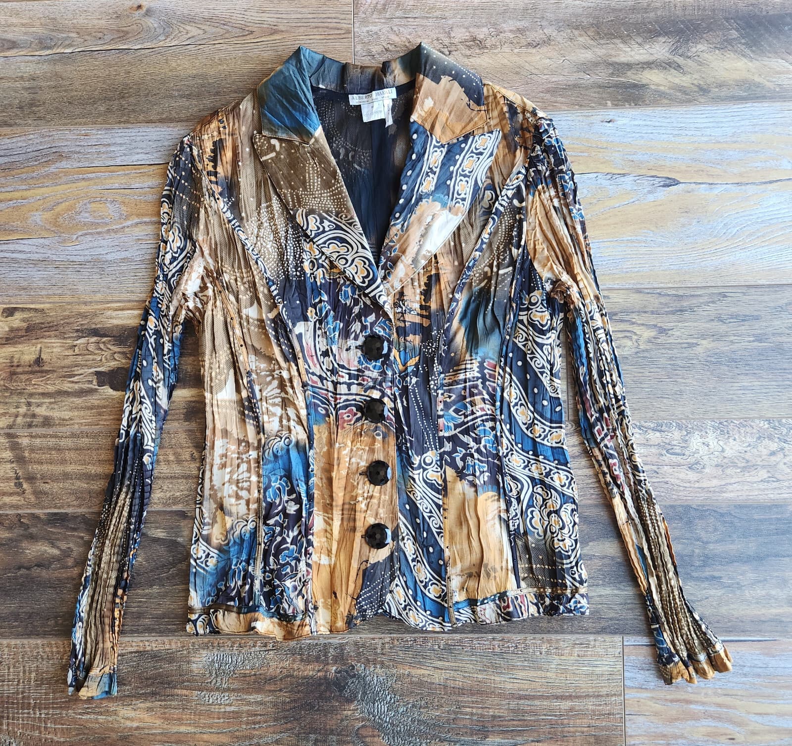 Alberto Makali Satin Crinkle Bead Blazer Jacket Mesh-Lining Geo-Printed Womens M - Thumbnail 3