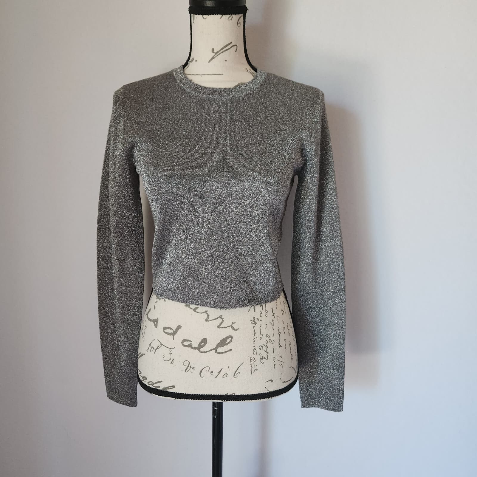 Alice + Olivia Ciara Silver Metallic Cropped Sweater Wool Blend Crew Neck Sz.S - Thumbnail 2