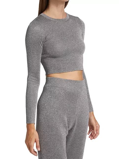 Alice + Olivia Ciara Silver Metallic Cropped Sweater Wool Blend Crew Neck Sz.S - Thumbnail 5