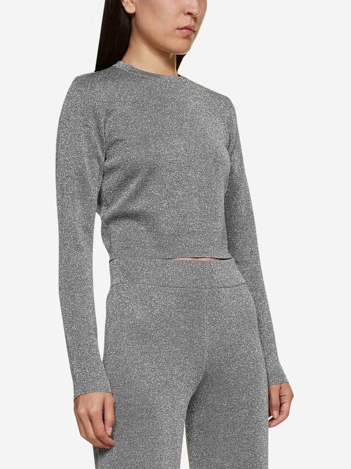 Alice + Olivia Ciara Silver Metallic Cropped Sweater Wool Blend Crew Neck Sz.S - Thumbnail 6