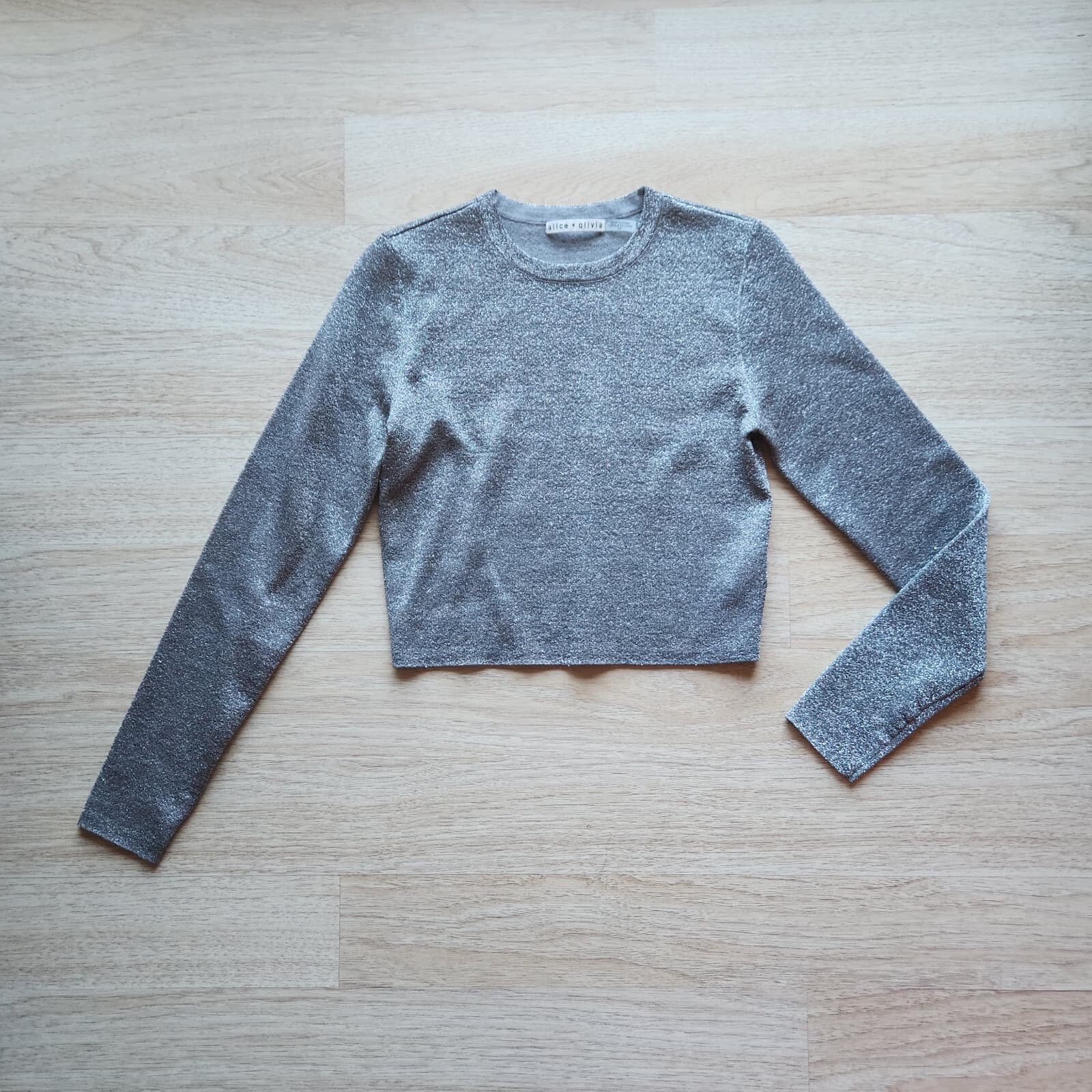 Alice + Olivia Ciara Silver Metallic Cropped Sweater Wool Blend Crew Neck Sz.S - Thumbnail 7