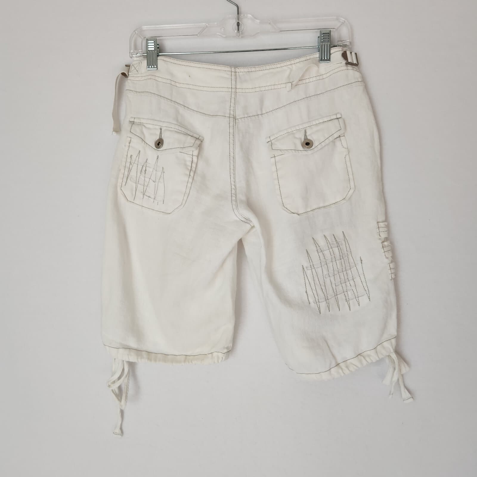 Monoreno 100% Linen Distressed Button Accent Shorts Tie-Hem White Women's S - Thumbnail 8