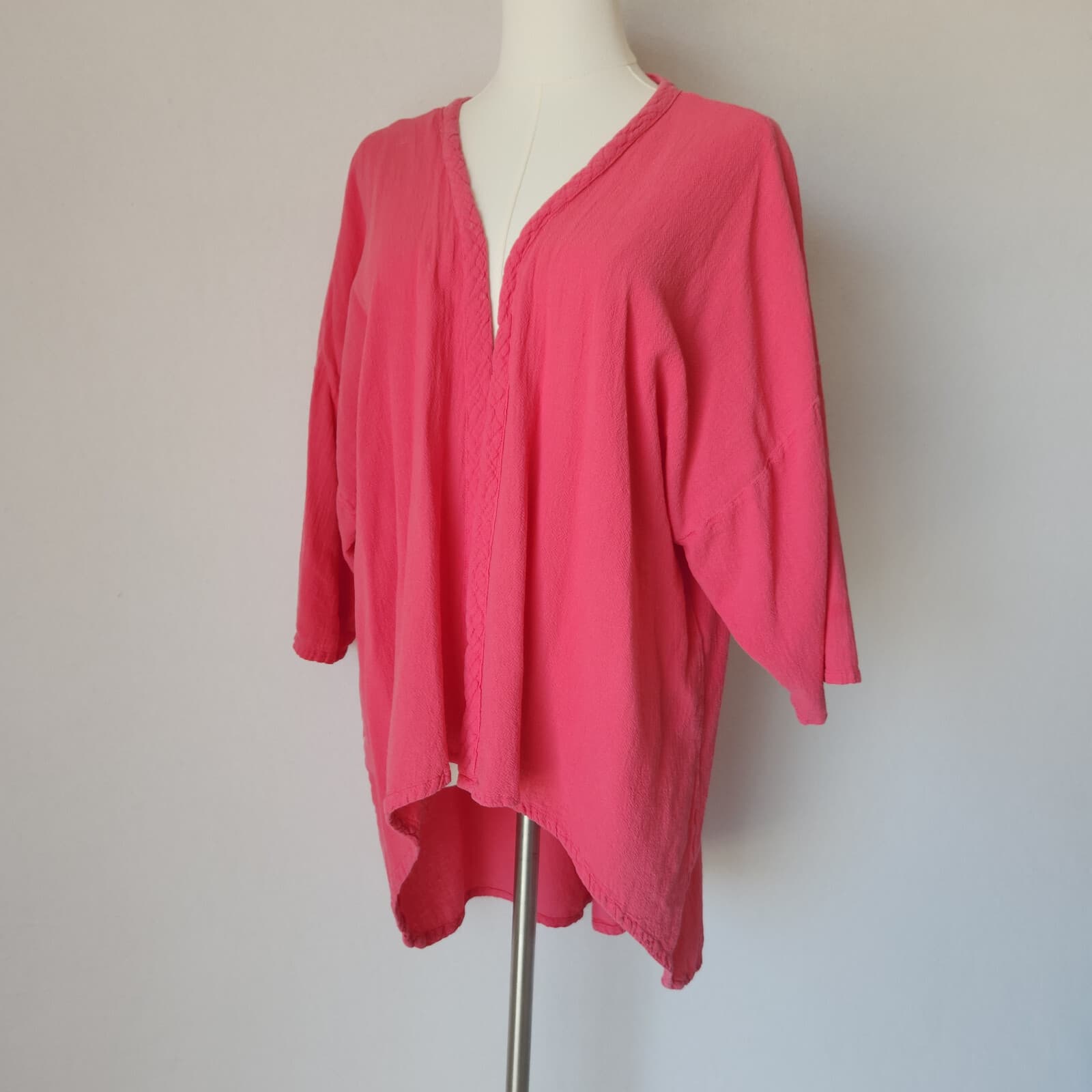 Oh My Gauze Lagenlook Open Front Kimono Hi-Low Light Jacket Pink Cotton One Size - Thumbnail 2