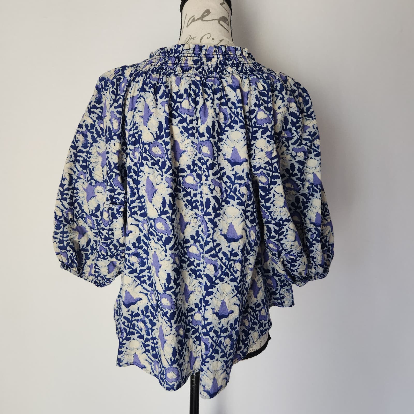 Free People Willow Printed Blouse Smock-Neck Short Puff Sleeve Blue Purple Sz.XS - Thumbnail 5