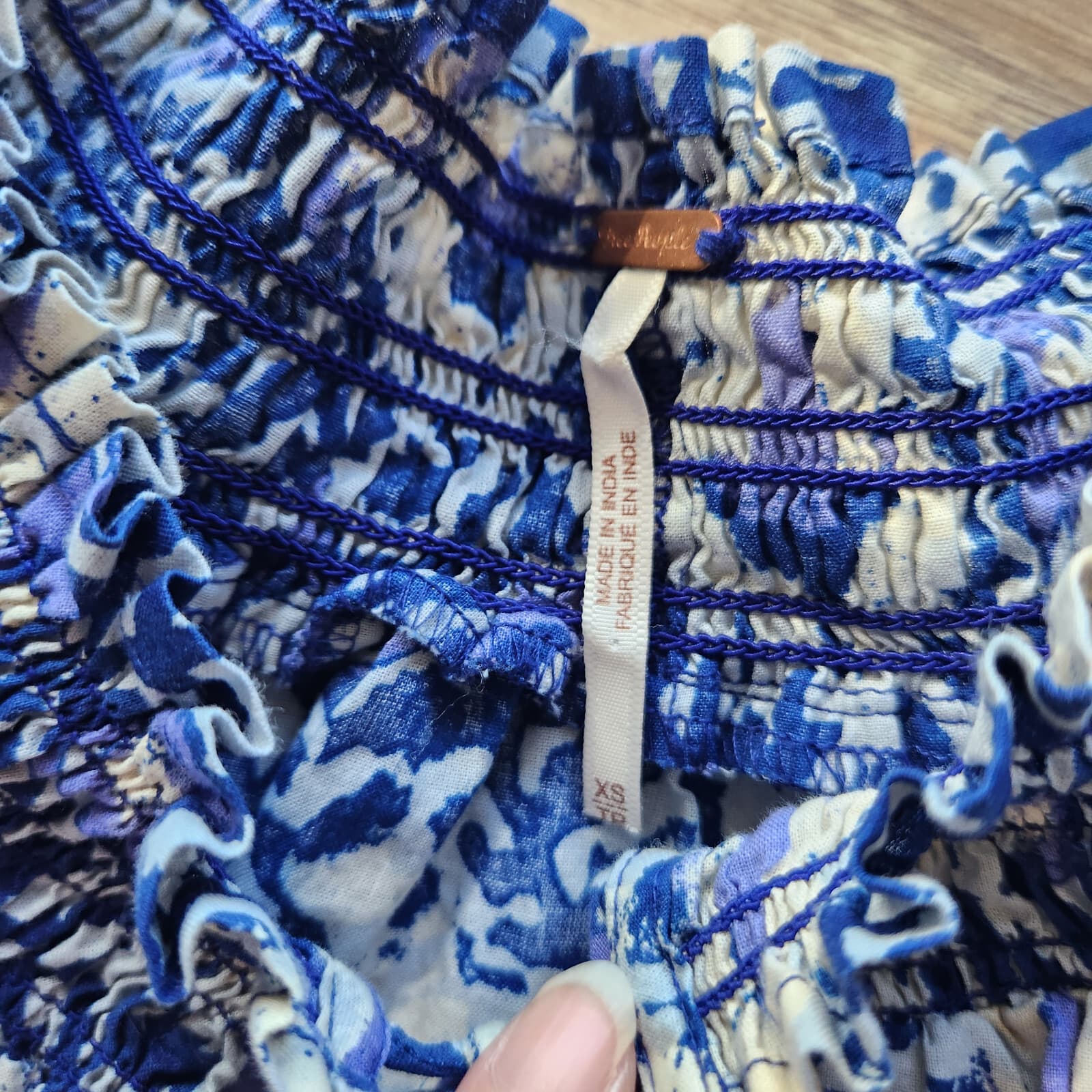 Free People Willow Printed Blouse Smock-Neck Short Puff Sleeve Blue Purple Sz.XS - Thumbnail 9