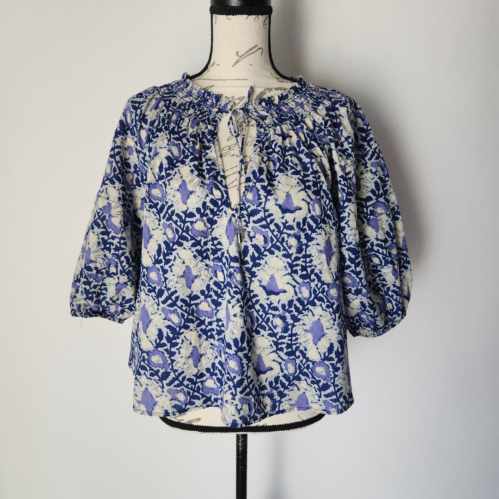 Free People Willow Printed Blouse Smock-Neck Short Puff Sleeve Blue Purple Sz.XS - Thumbnail 2