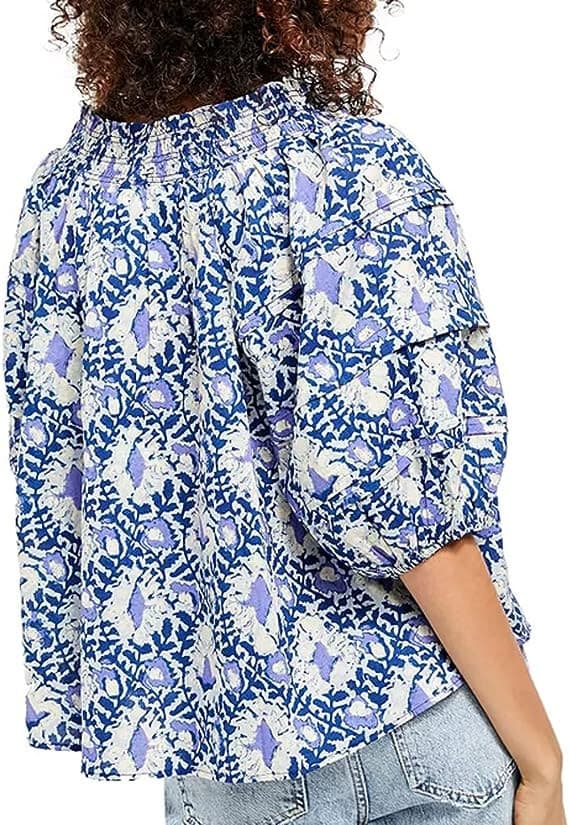 Free People Willow Printed Blouse Smock-Neck Short Puff Sleeve Blue Purple Sz.XS - Thumbnail 4