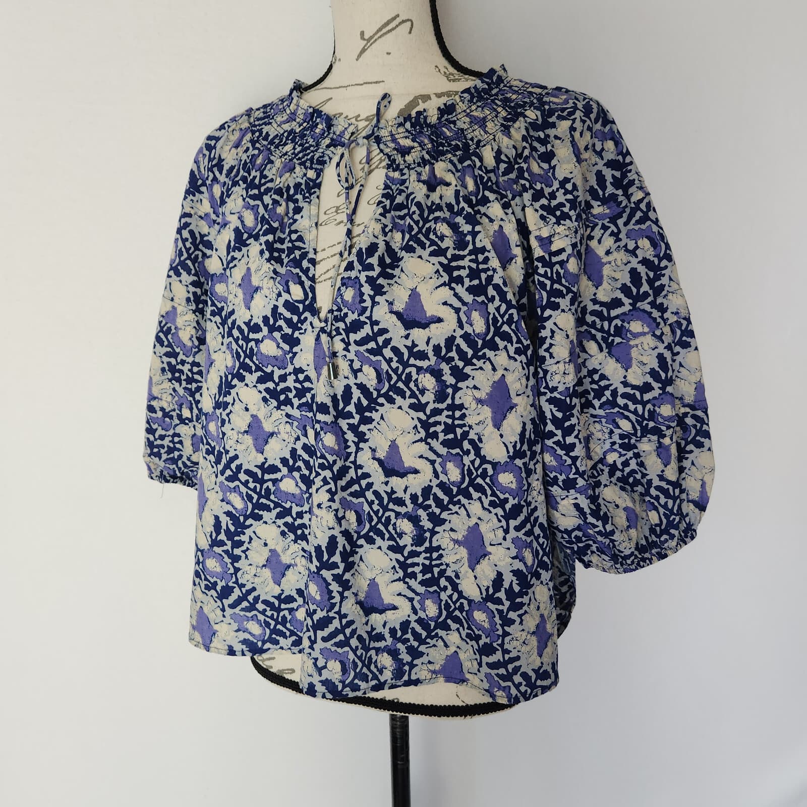 Free People Willow Printed Blouse Smock-Neck Short Puff Sleeve Blue Purple Sz.XS - Thumbnail 3