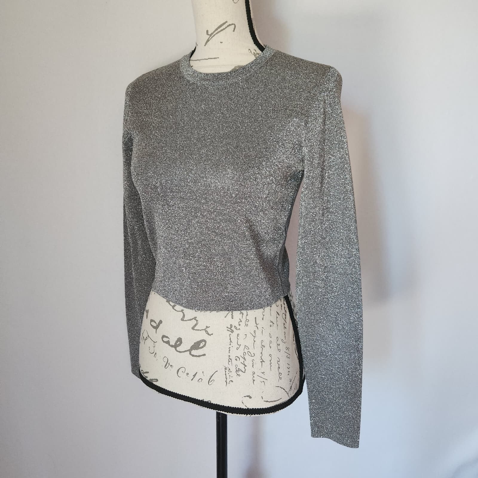 Alice + Olivia Ciara Silver Metallic Cropped Sweater Wool Blend Crew Neck Sz.S - Thumbnail 4