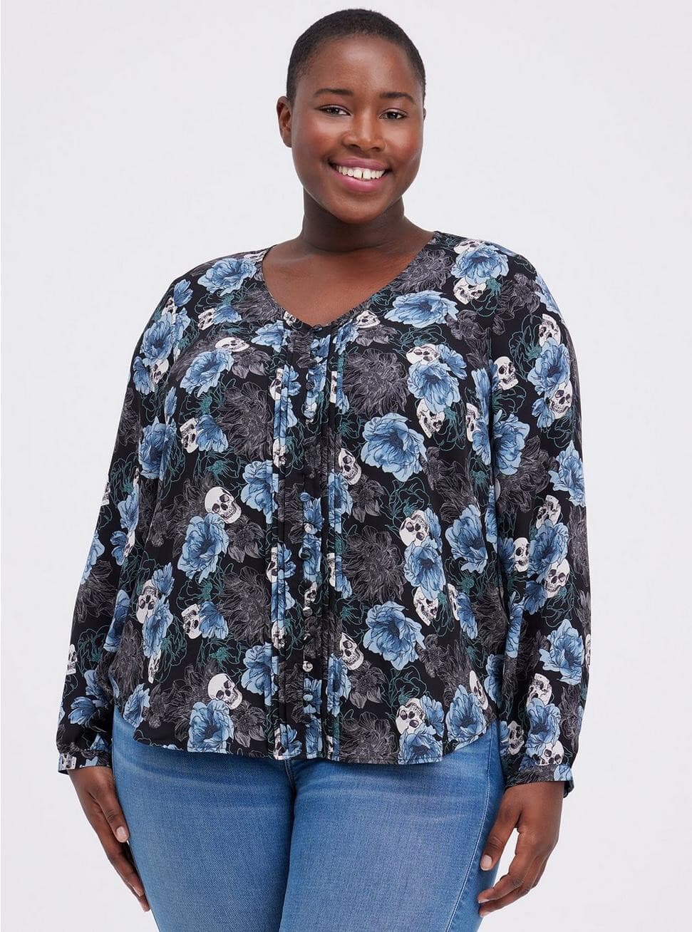 Torrid Georgette Pintuck Button-Front Blouse Long Sleeve Skull Rose Black Sz.2 - Thumbnail 2