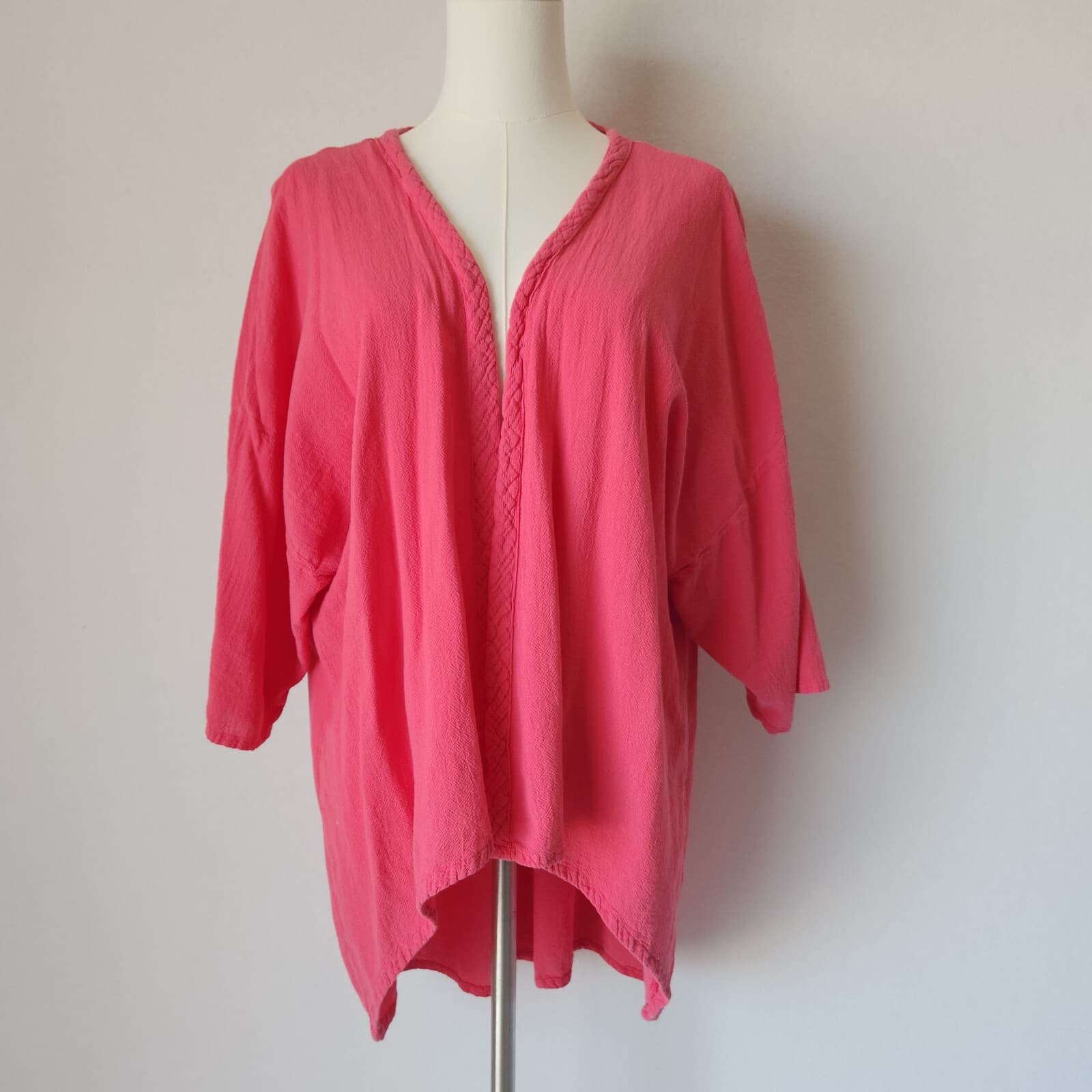 Oh My Gauze Lagenlook Open Front Kimono Hi-Low Light Jacket Pink Cotton One Size - Thumbnail 3