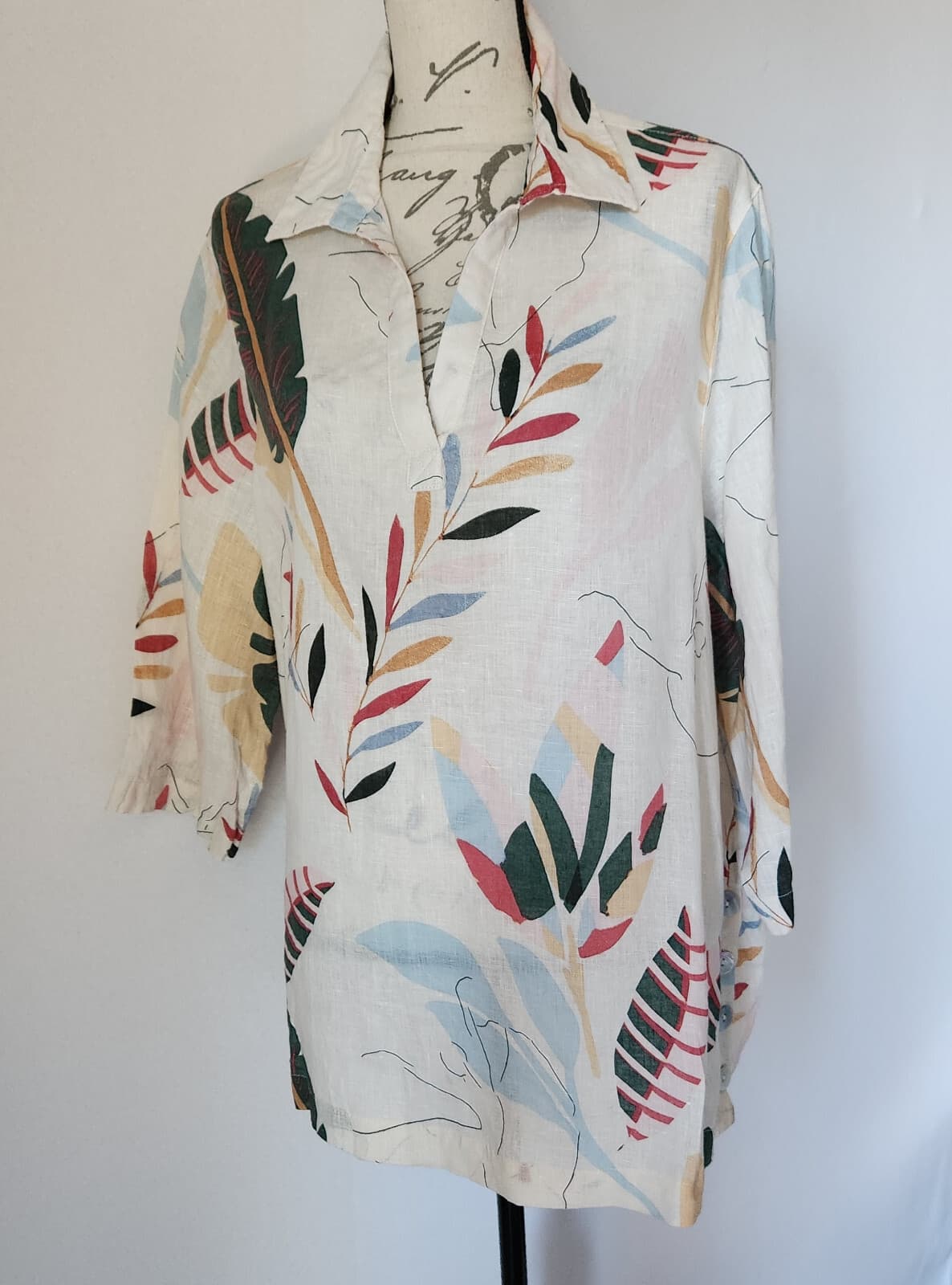 Cynthia Rowley 100% Linen Floral Tunic Popover Blouse 3/4 Sleeve Cream Womens 1X - Thumbnail 3