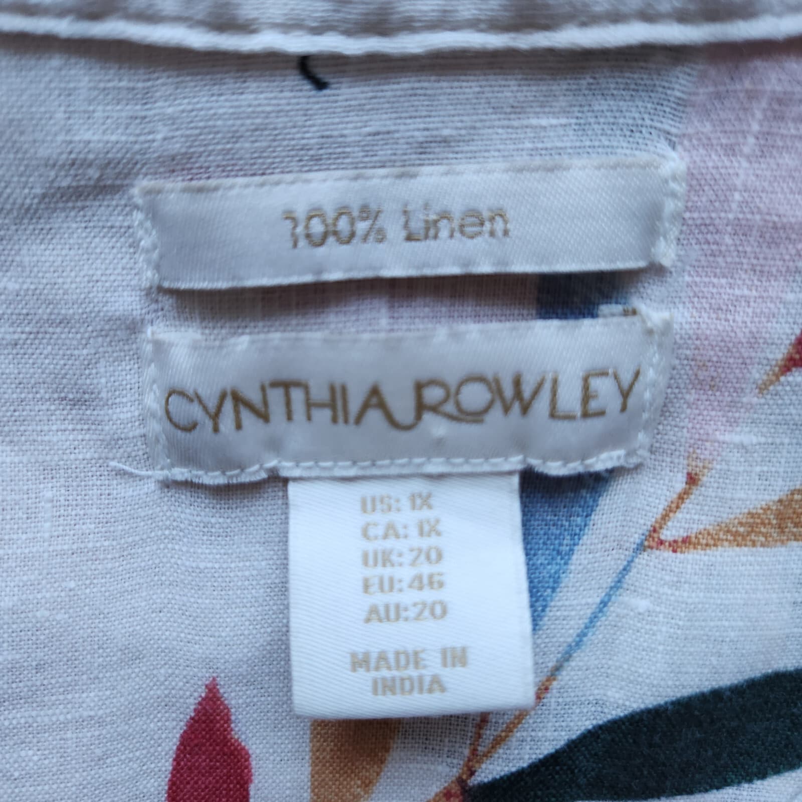 Cynthia Rowley 100% Linen Floral Tunic Popover Blouse 3/4 Sleeve Cream Womens 1X - Thumbnail 7