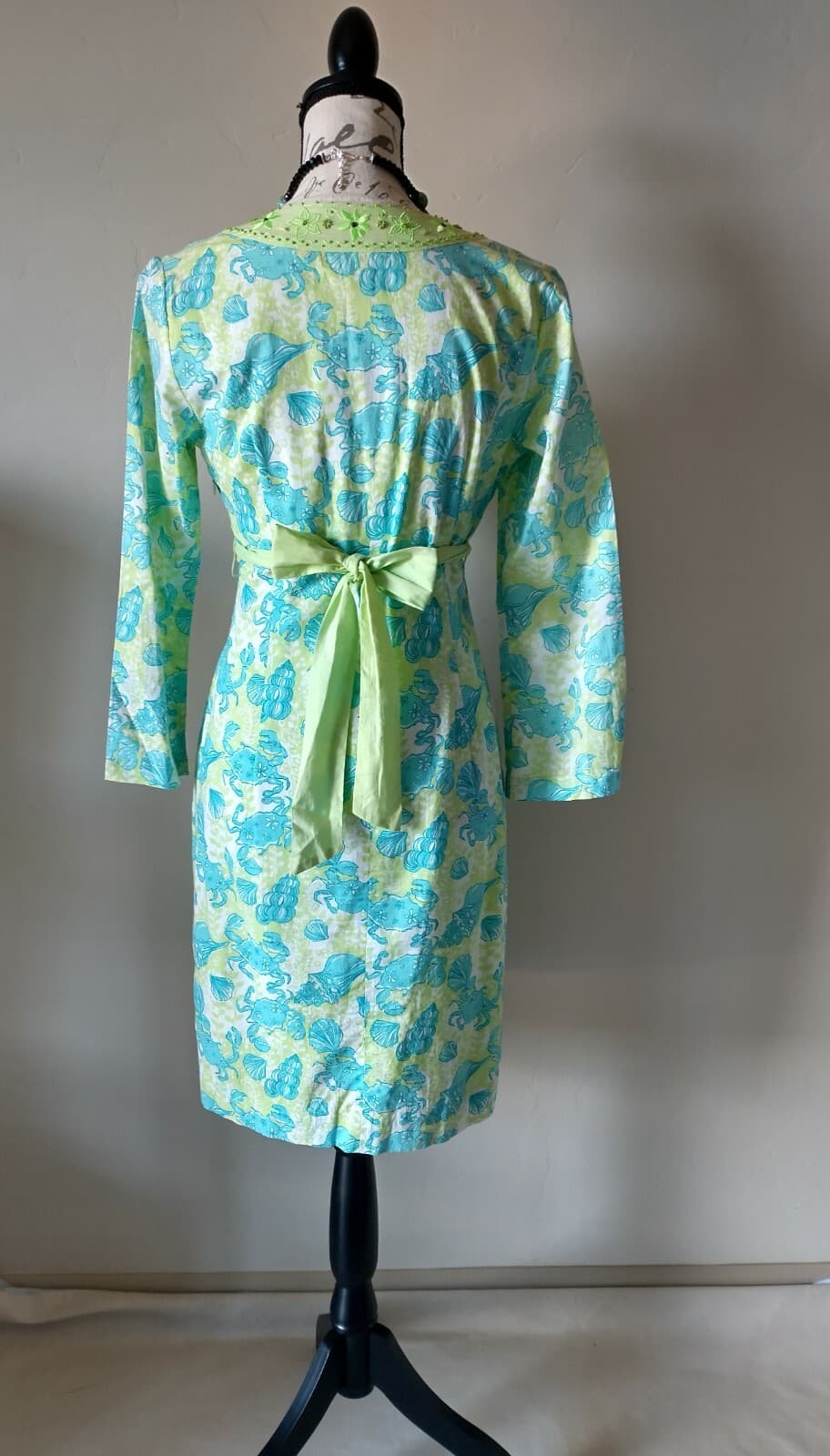 Lilly Pulitzer 100%Cotton Dress Bead Embellished Tie Back Seashell Green Blue XS - Thumbnail 6