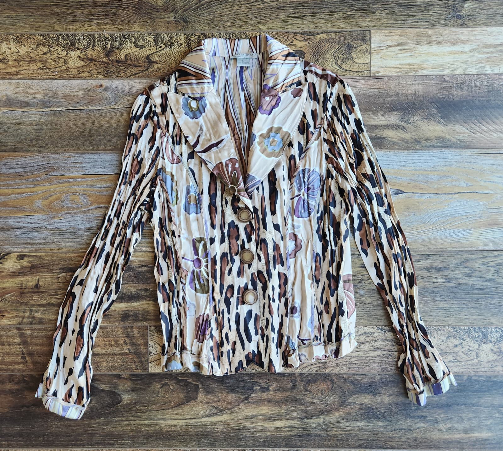 Alberto Makali Satin Crinkle Floral Leopard Blazer Jacket Brown Beige Women's M - Thumbnail 4