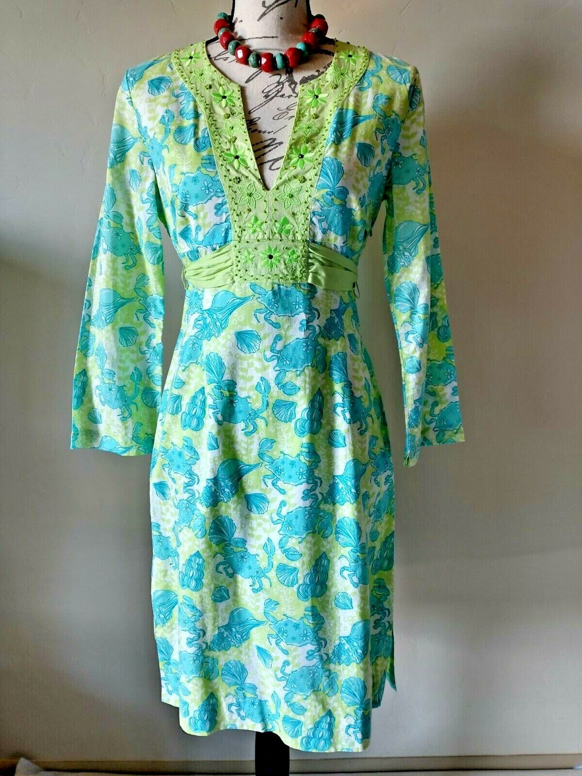 Lilly Pulitzer 100%Cotton Dress Bead Embellished Tie Back Seashell Green Blue XS - Thumbnail 3