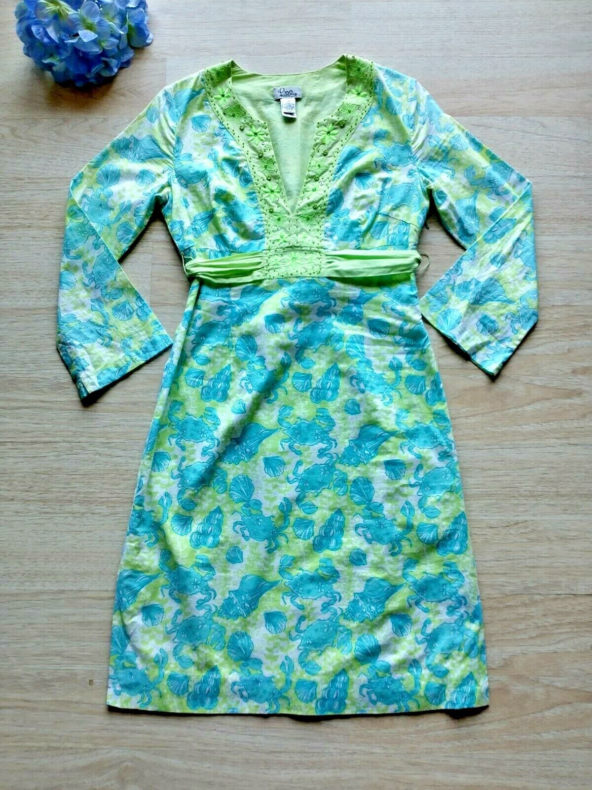 Lilly Pulitzer 100%Cotton Dress Bead Embellished Tie Back Seashell Green Blue XS - Thumbnail 2