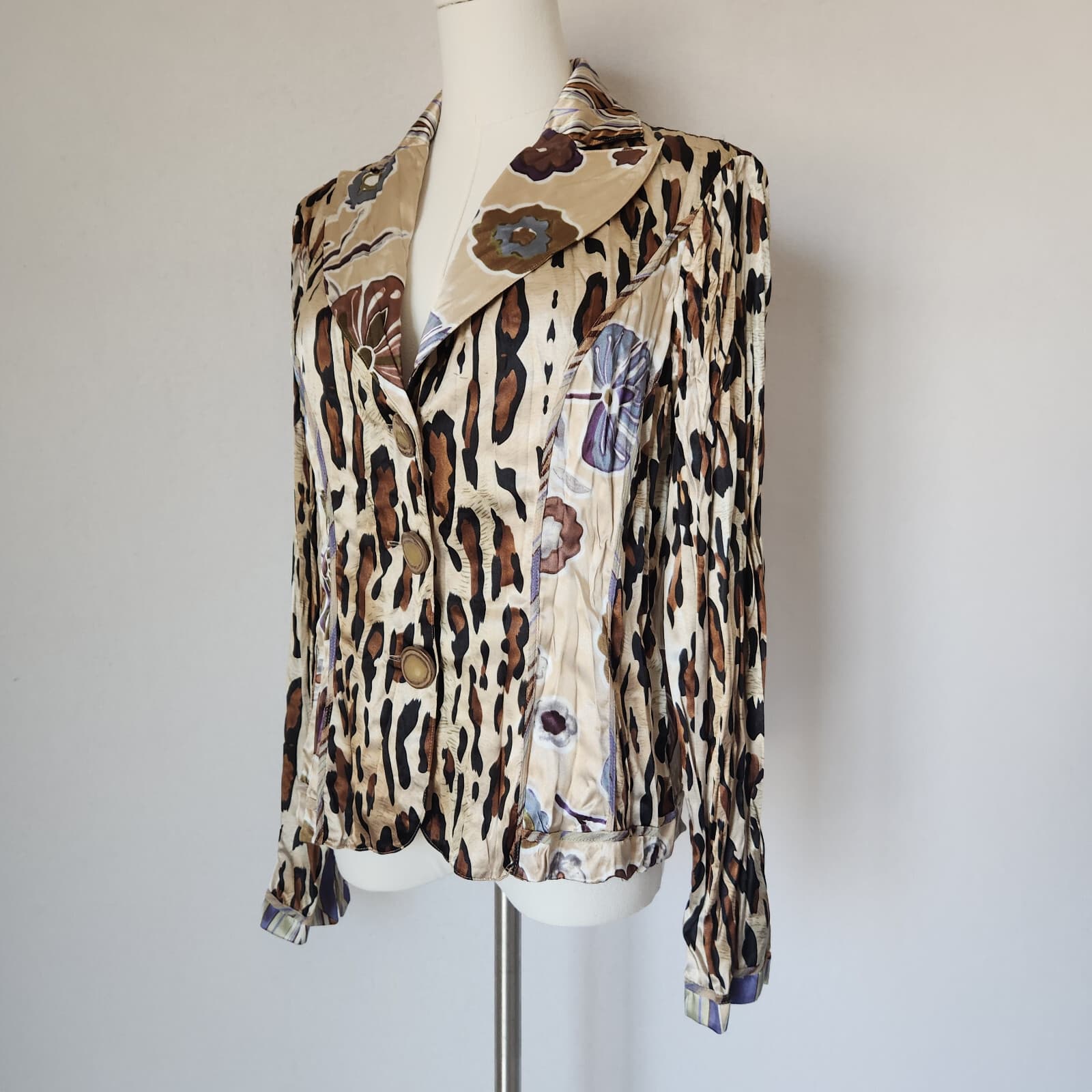 Alberto Makali Satin Crinkle Floral Leopard Blazer Jacket Brown Beige Women's M - Thumbnail 2