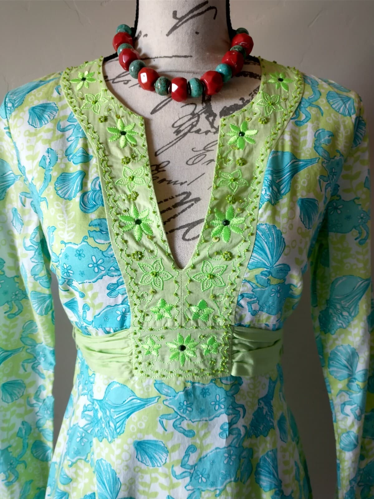 Lilly Pulitzer 100%Cotton Dress Bead Embellished Tie Back Seashell Green Blue XS - Thumbnail 4