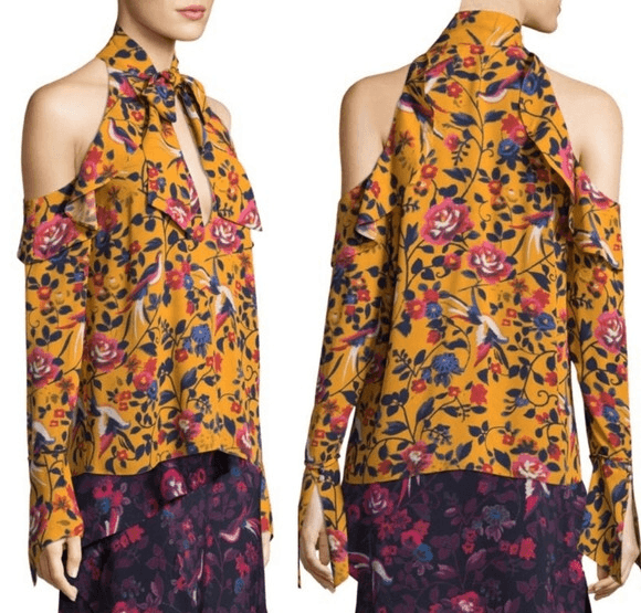 Tanya Taylor Silk Floral Cold-Shoulder Blouse Halter-Tie Neck Long Sleeve Sz.6 - Thumbnail 2