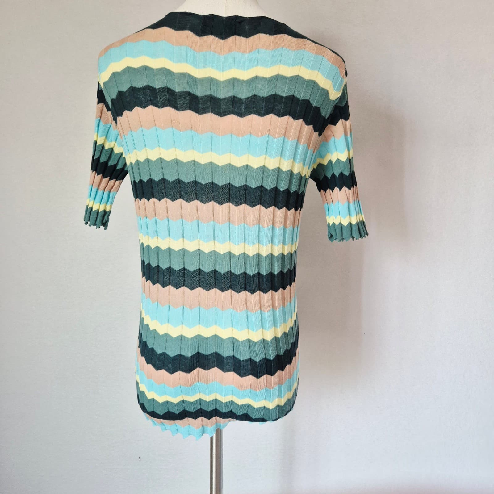Roberto Collina Made in Italy Multicolor Chevron Knit Short Sleeve Top Women's M - Thumbnail 5