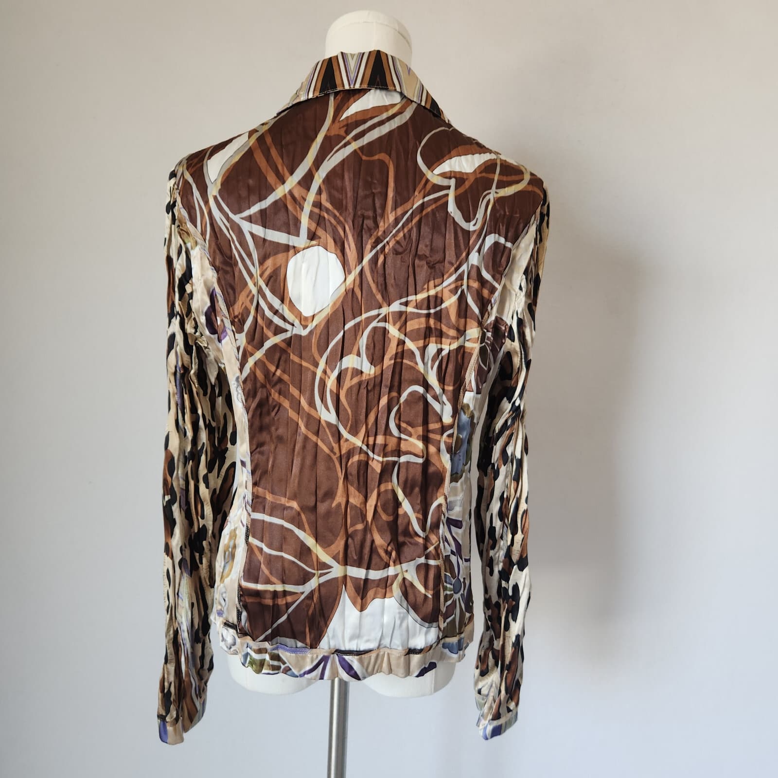Alberto Makali Satin Crinkle Floral Leopard Blazer Jacket Brown Beige Women's M - Thumbnail 8