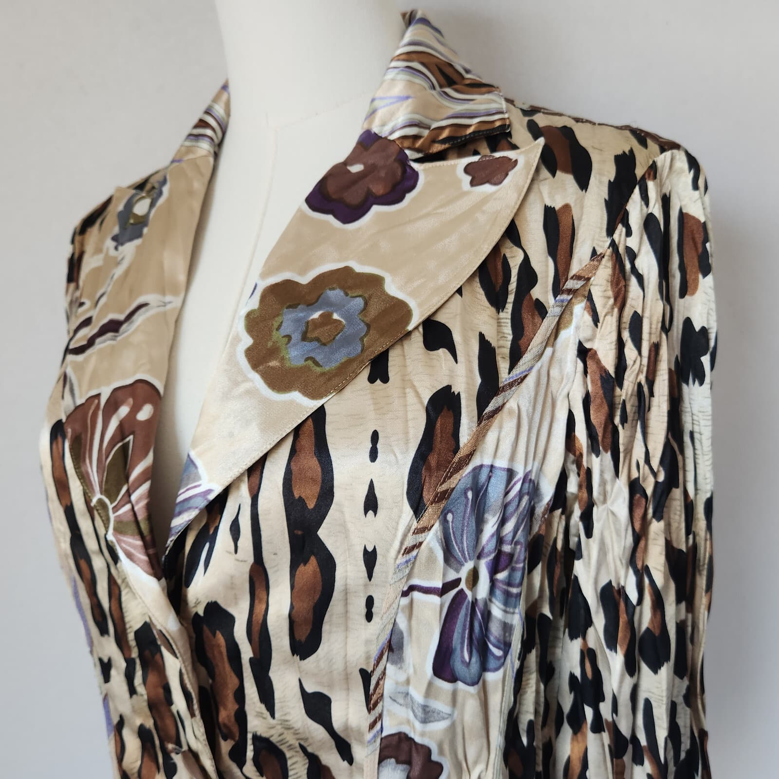 Alberto Makali Satin Crinkle Floral Leopard Blazer Jacket Brown Beige Women's M - Thumbnail 3