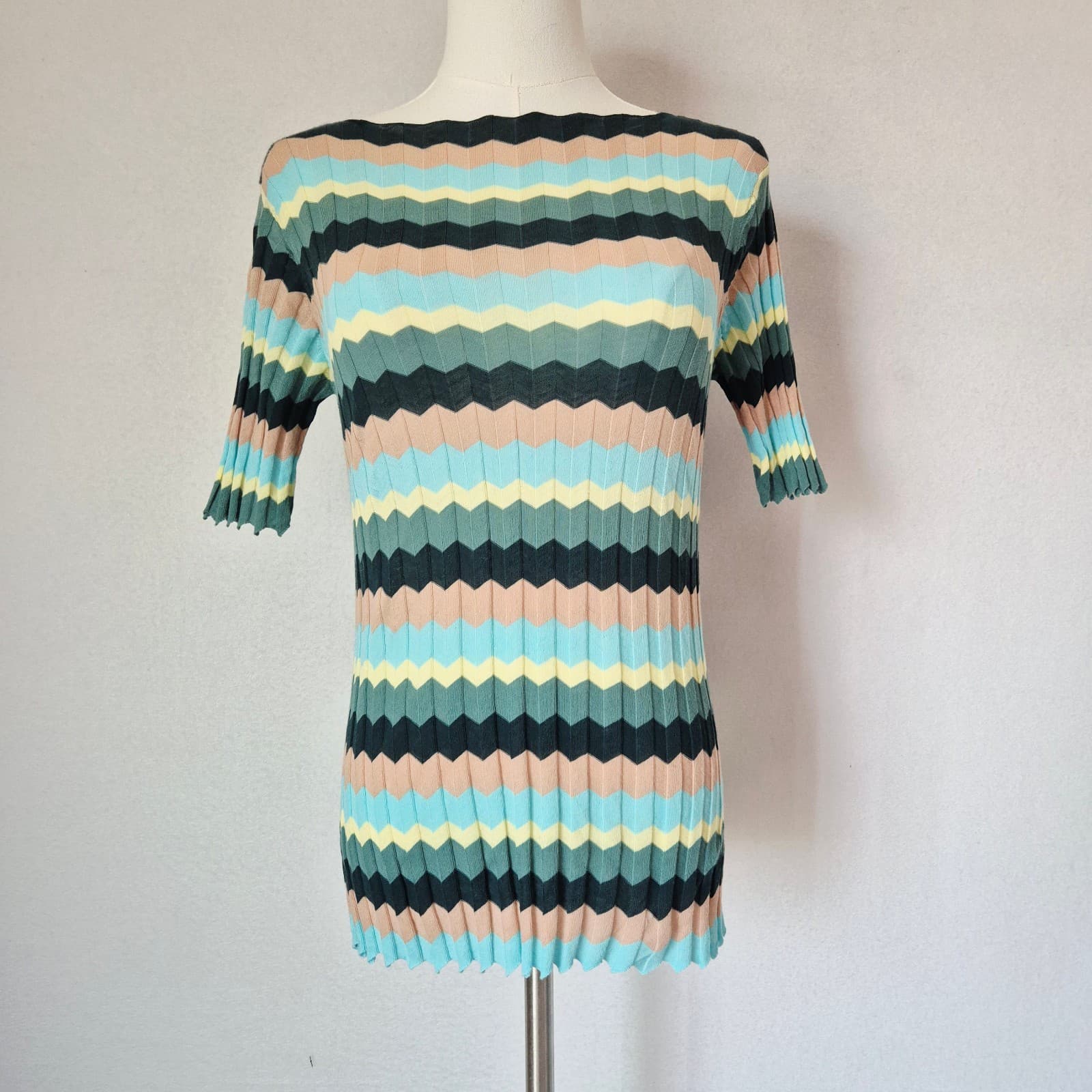 Roberto Collina Made in Italy Multicolor Chevron Knit Short Sleeve Top Women's M - Thumbnail 2