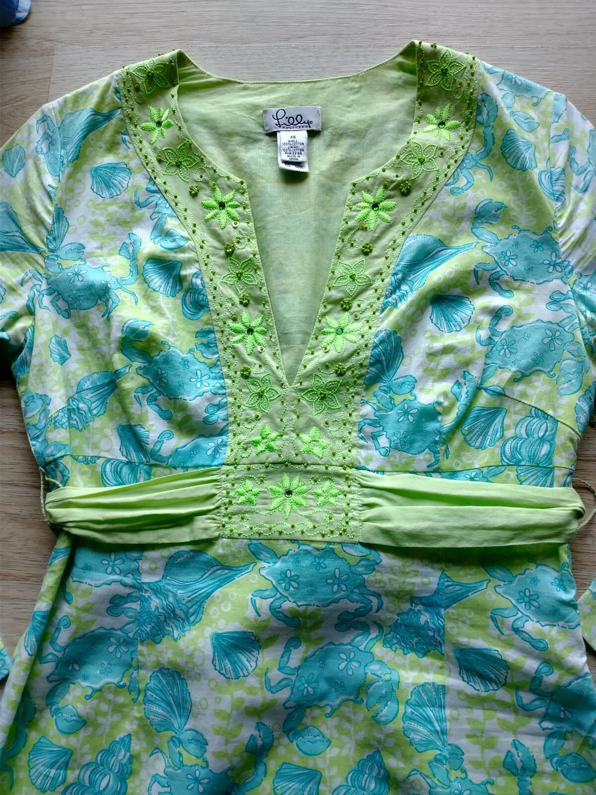 Lilly Pulitzer 100%Cotton Dress Bead Embellished Tie Back Seashell Green Blue XS - Thumbnail 8