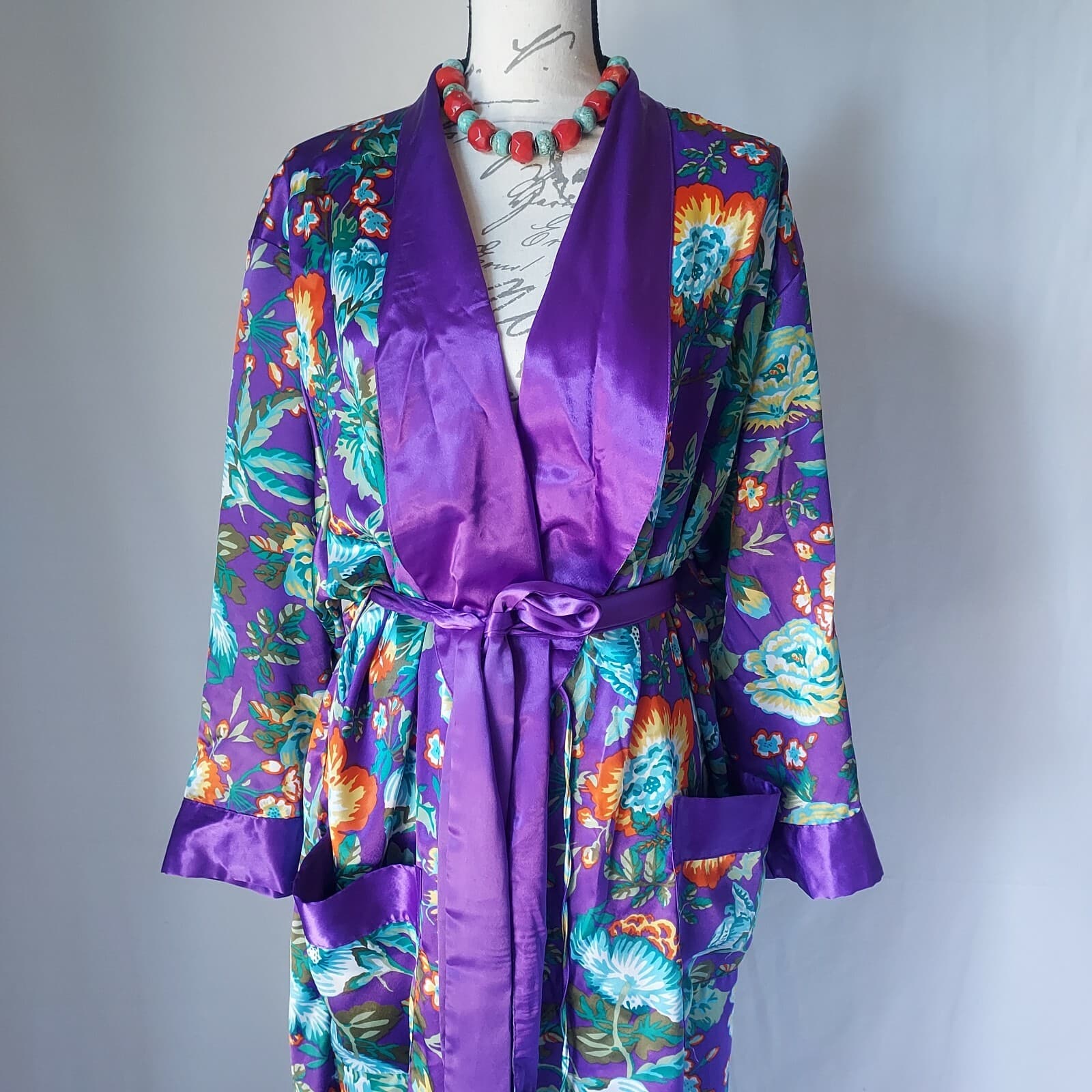 Vintage Victoria's Secret Gold Label Floral Satin Kimono Robe Multicolor Women P - Thumbnail 3