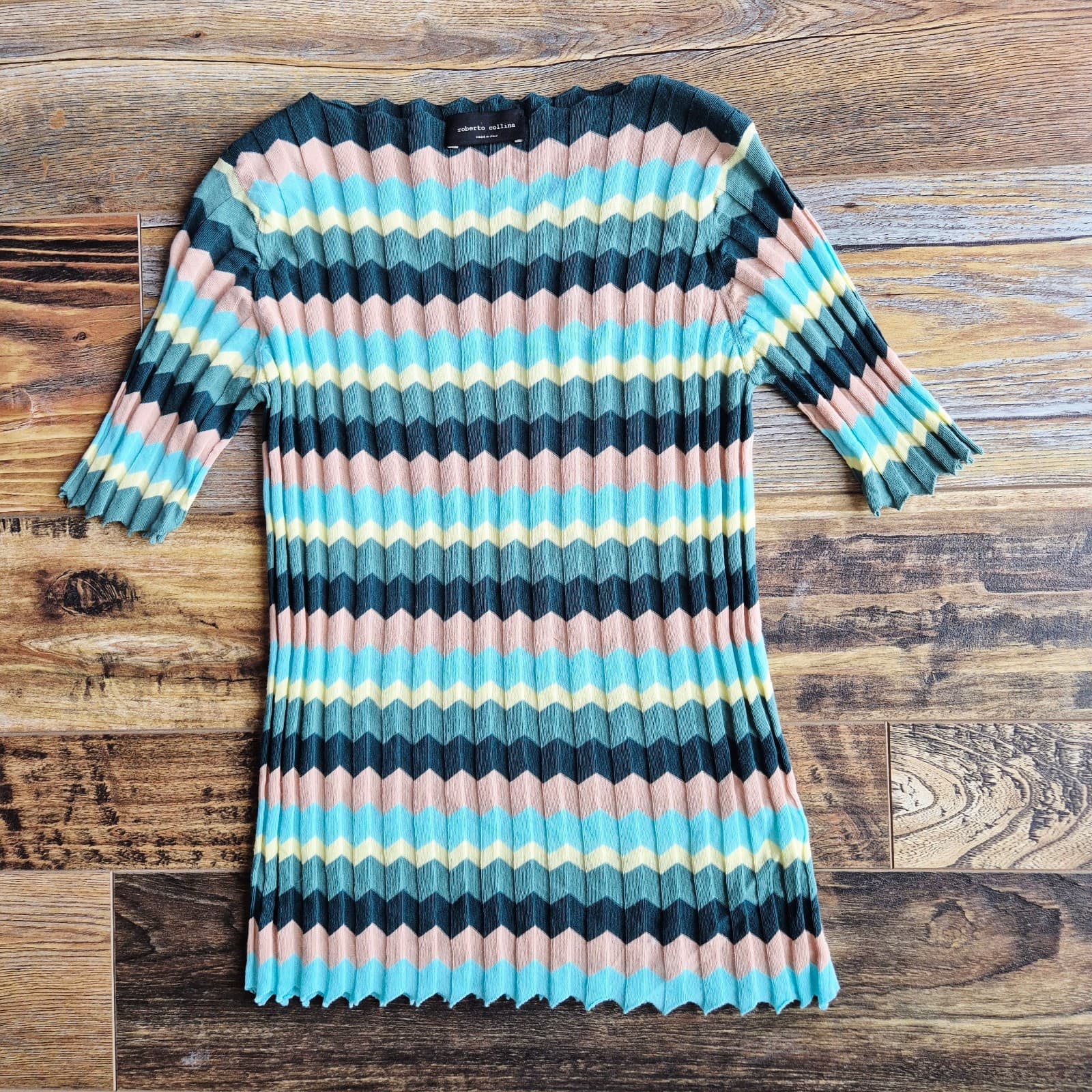 Roberto Collina Made in Italy Multicolor Chevron Knit Short Sleeve Top Women's M - Thumbnail 3