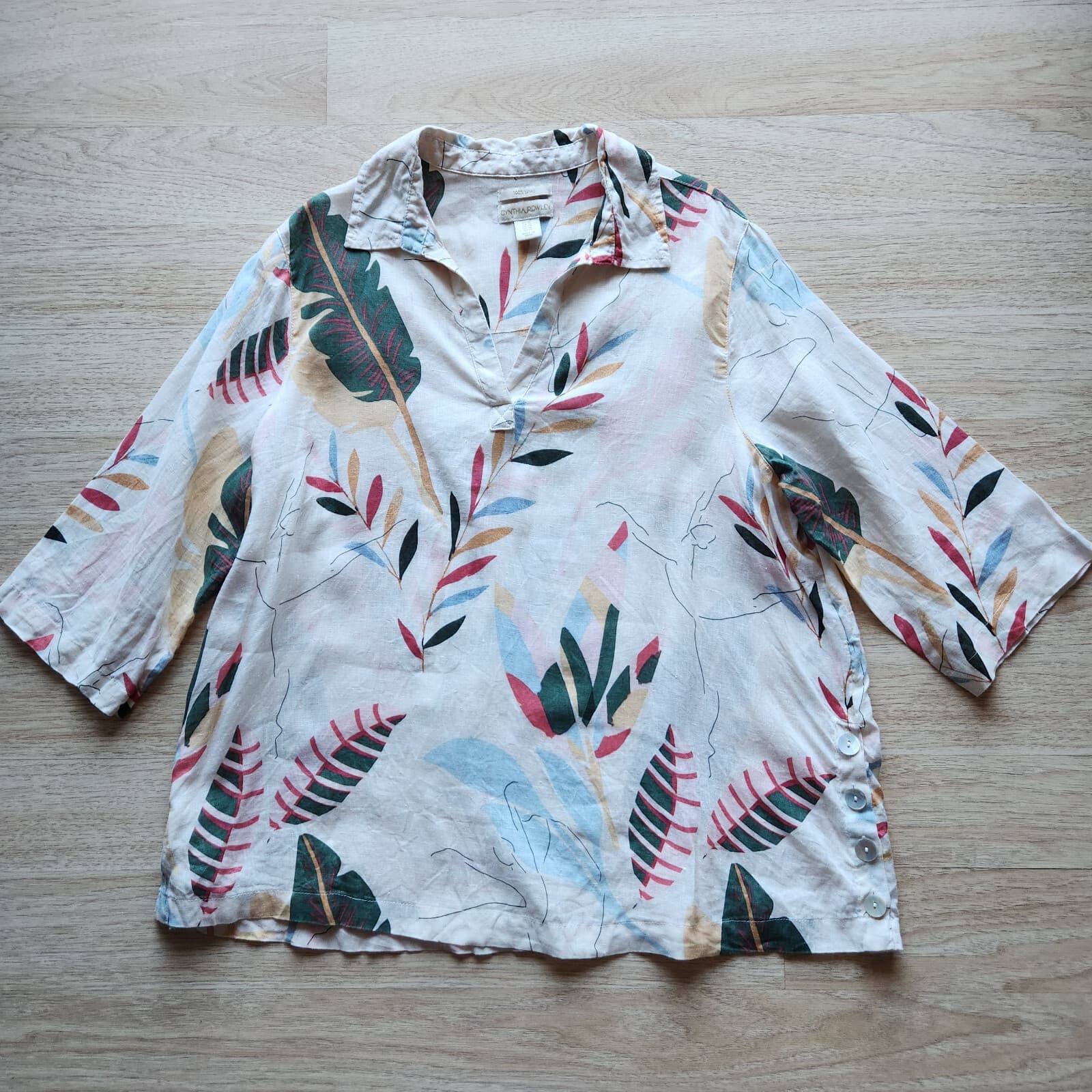 Cynthia Rowley 100% Linen Floral Tunic Popover Blouse 3/4 Sleeve Cream Womens 1X - Thumbnail 2