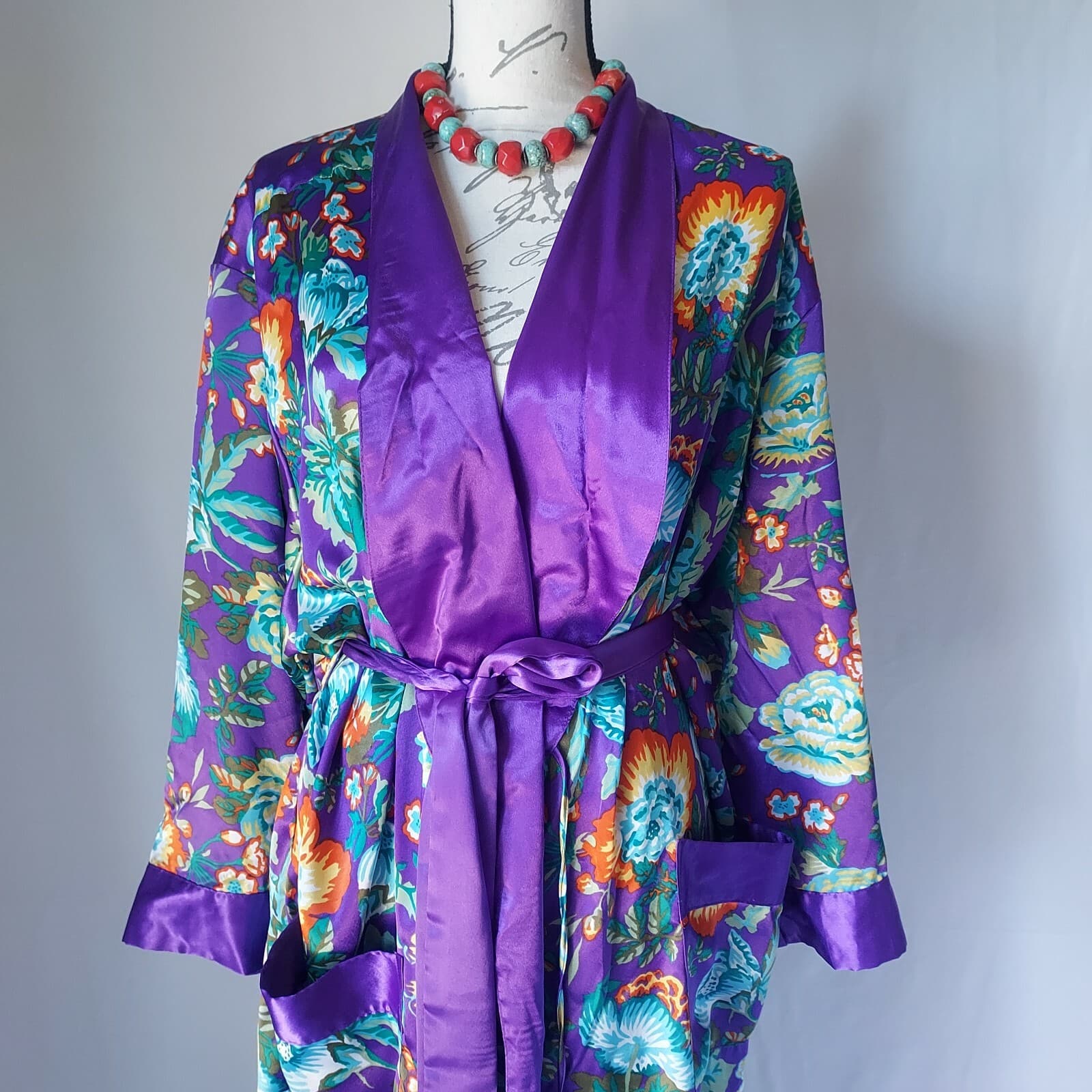 Vintage Victoria's Secret Gold Label Floral Satin Kimono Robe Multicolor Women P - Thumbnail 2