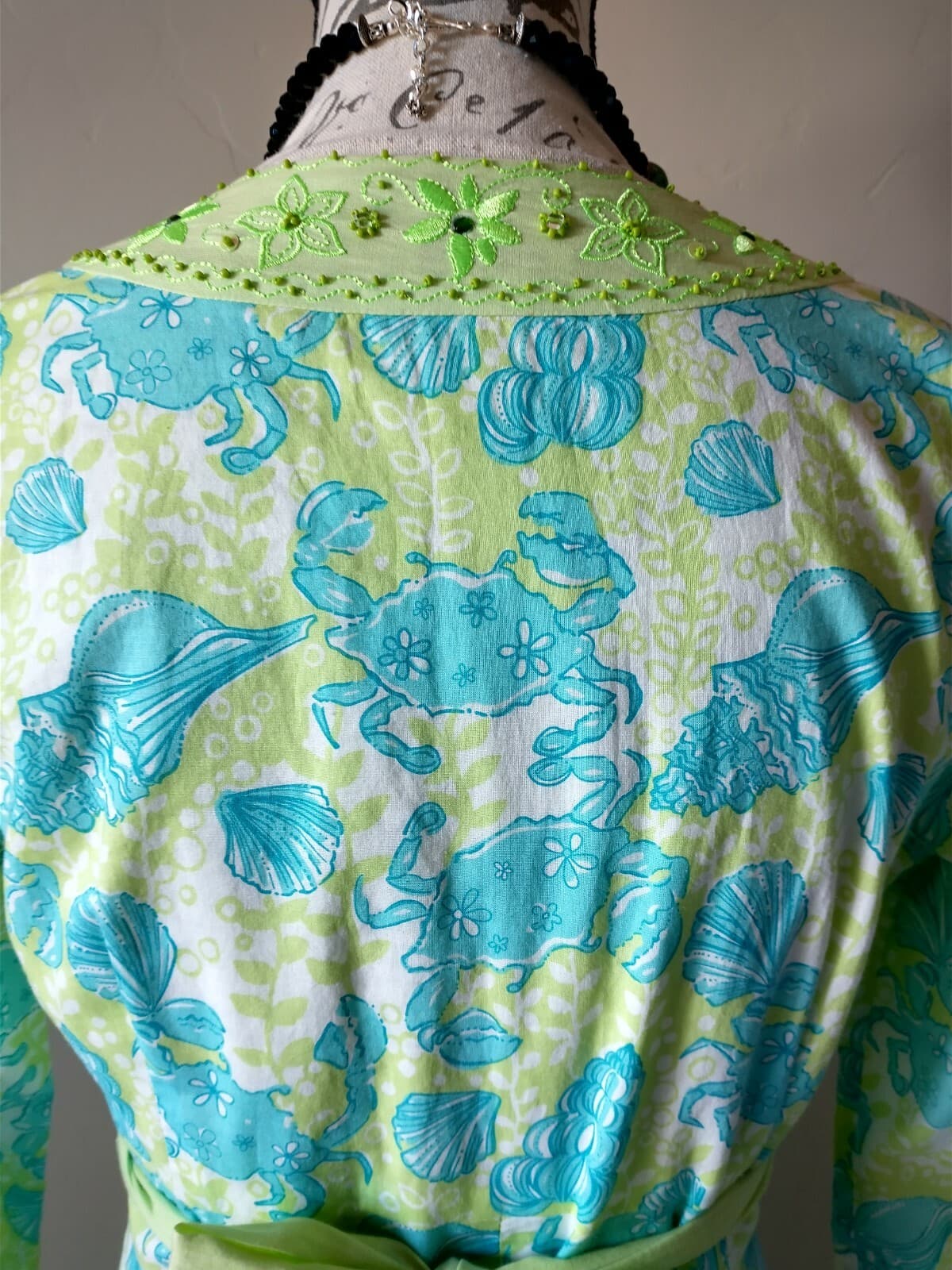 Lilly Pulitzer 100%Cotton Dress Bead Embellished Tie Back Seashell Green Blue XS - Thumbnail 7
