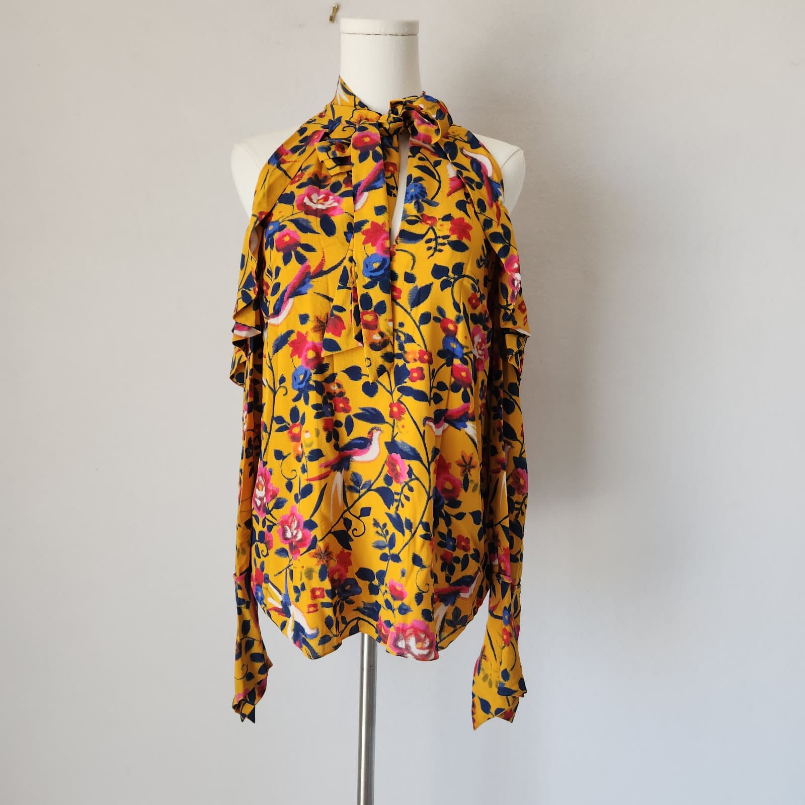 Tanya Taylor Silk Floral Cold-Shoulder Blouse Halter-Tie Neck Long Sleeve Sz.6 - Thumbnail 3
