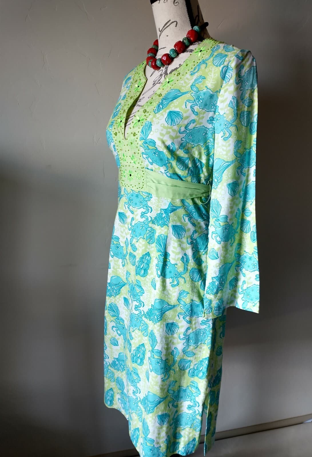 Lilly Pulitzer 100%Cotton Dress Bead Embellished Tie Back Seashell Green Blue XS - Thumbnail 5