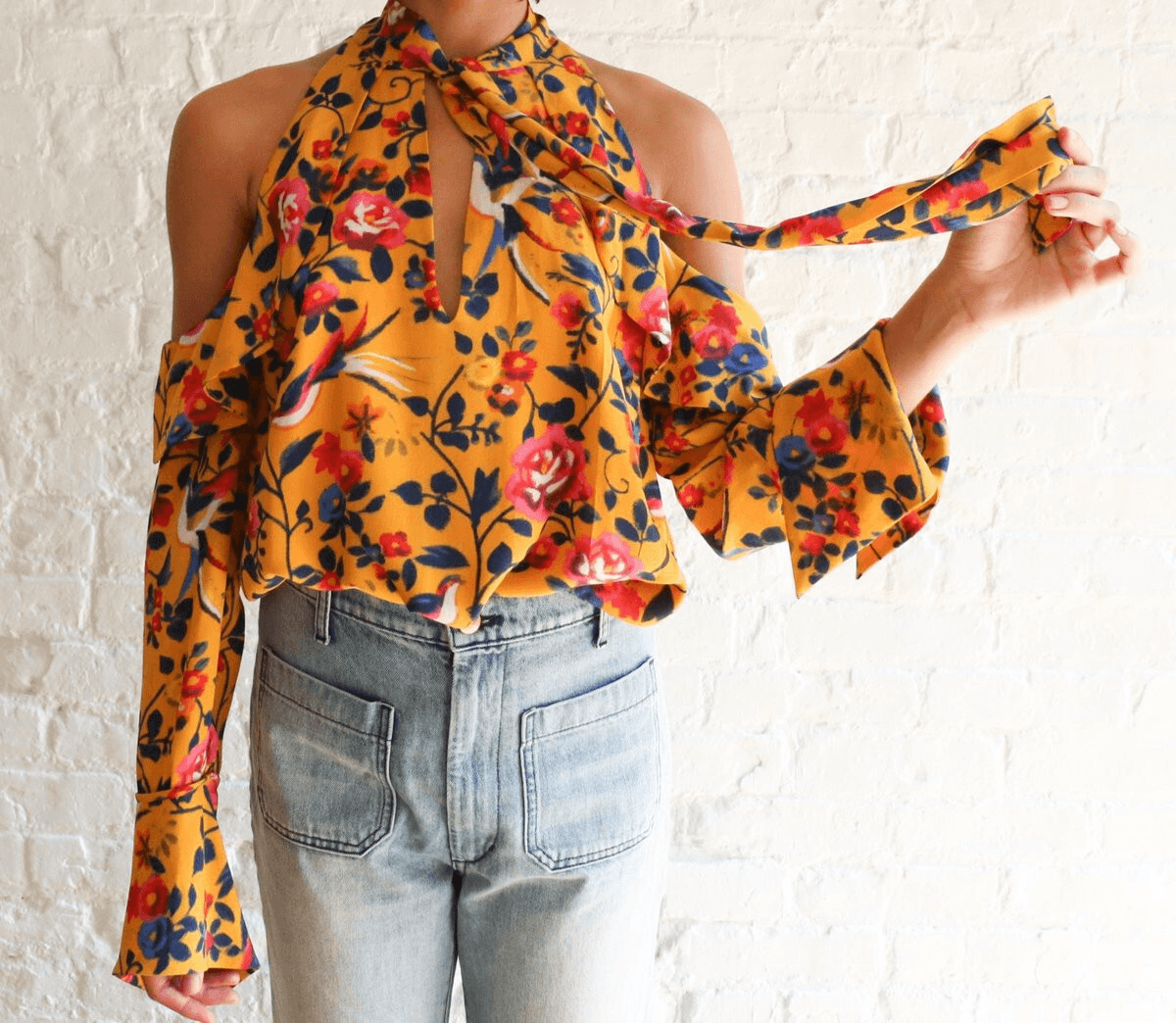 Tanya Taylor Silk Floral Cold-Shoulder Blouse Halter-Tie Neck Long Sleeve Sz.6 - Thumbnail 10