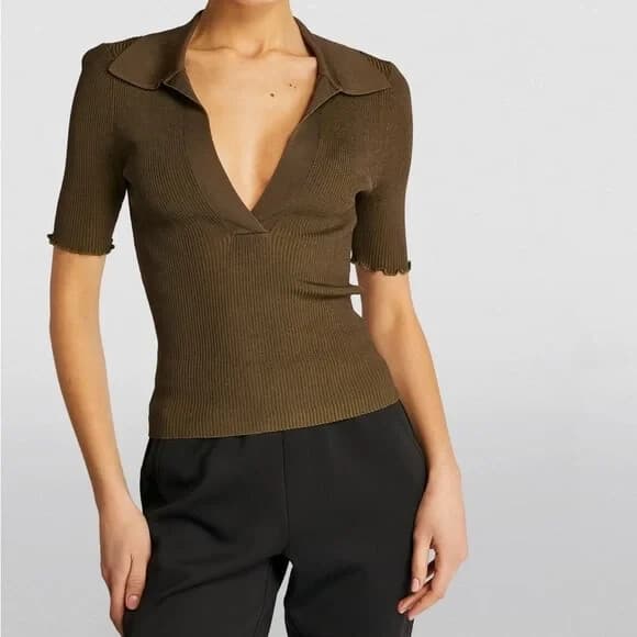 Good American Plait Rib Knit Polo Shirt Short Sleeve Stretch Green Women 2 (10) - Thumbnail 6