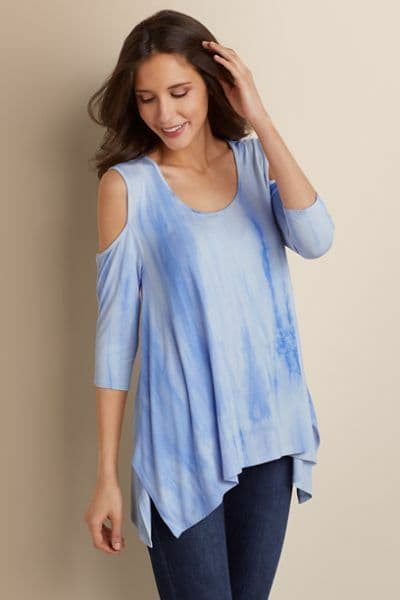 Soft Surroundings Sun Bleached Top Cold Shoulder 3/4Sleeve Purple Tie-Dye Sz.M - Thumbnail 2
