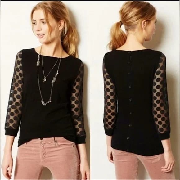 Sparrow Anthropologie Sheer Polka Dot Sleeves Sweater Cashmere Blend Black Sz.M - Thumbnail 2
