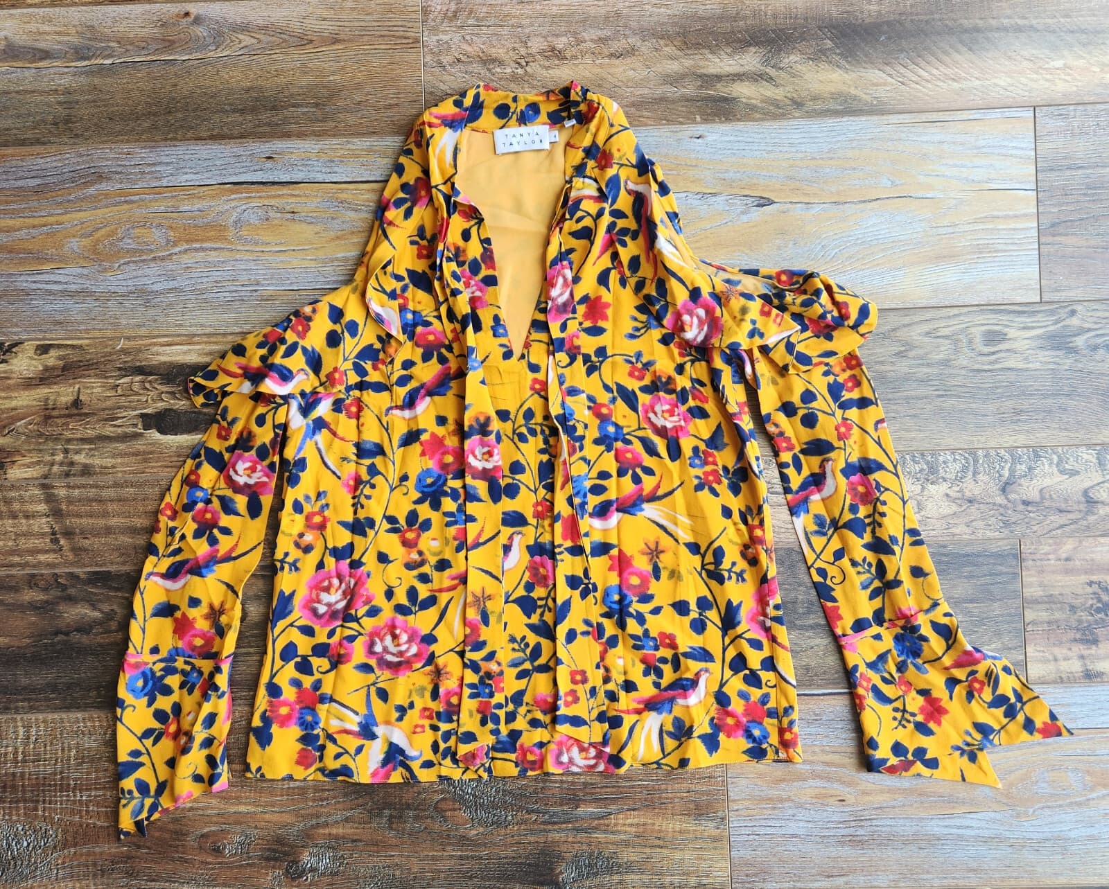 Tanya Taylor Silk Floral Cold-Shoulder Blouse Halter-Tie Neck Long Sleeve Sz.6 - Thumbnail 11