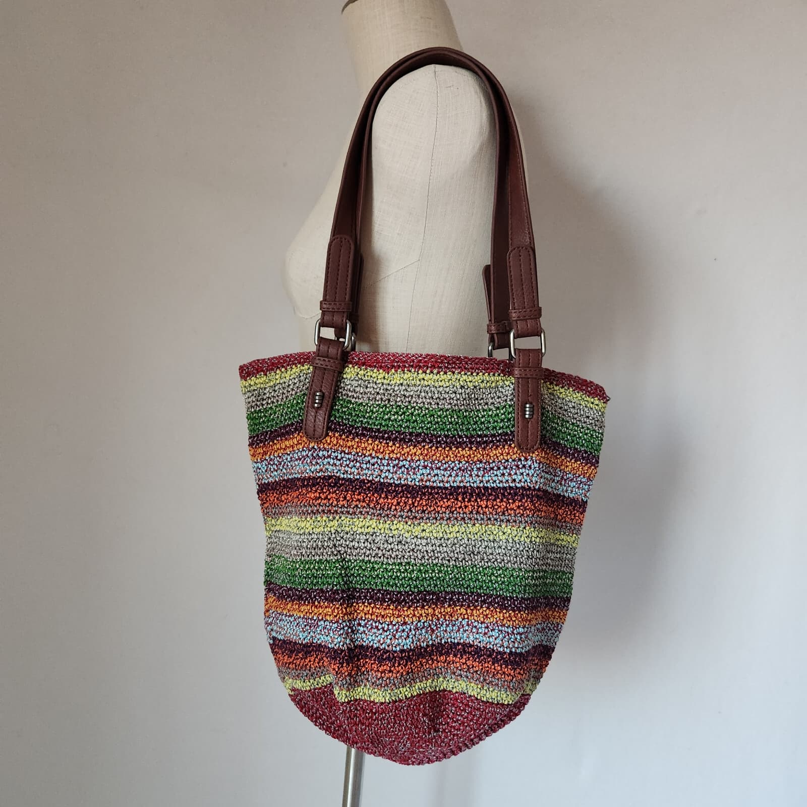 NWT The Sak $99 Alpine Hand Crocheted Bucket Shoulder Bag Tote Stripe Multicolor - Thumbnail 2