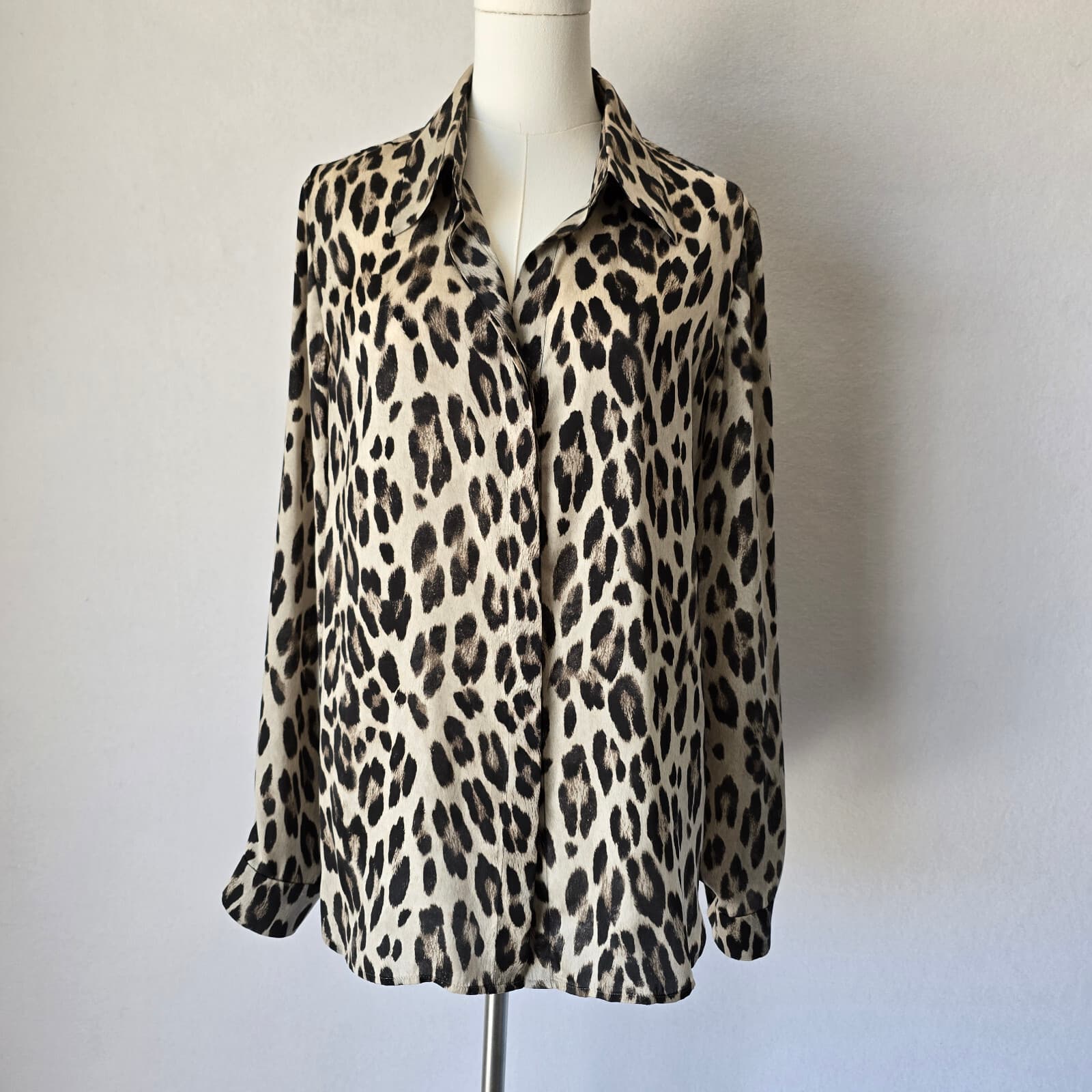 L'AGENCE Satin Leopard Tunic Button-Up Shirt Long Sleeve Brown Black Women's 6