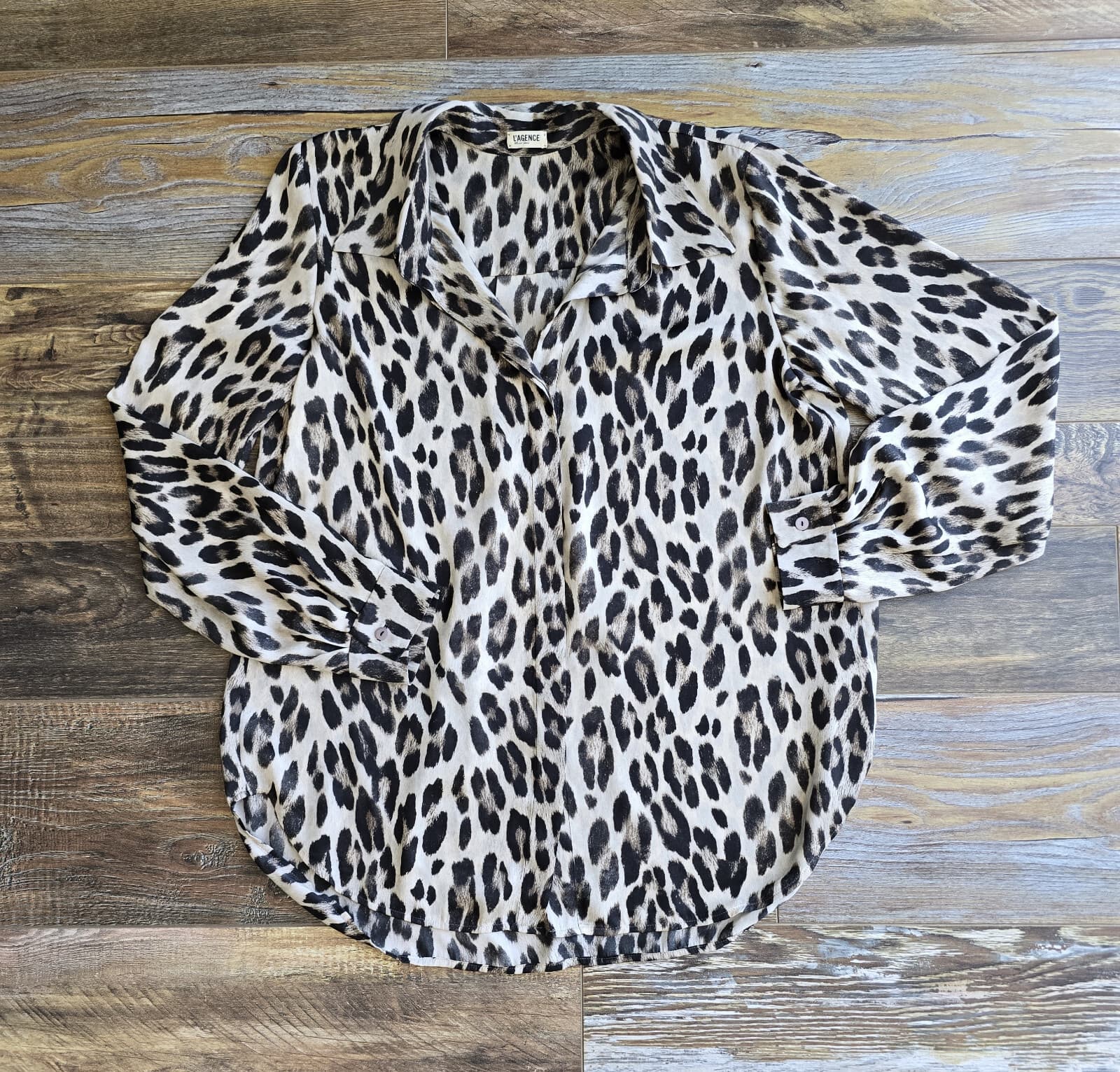 L'AGENCE Satin Leopard Tunic Button-Up Shirt Long Sleeve Brown Black Women's 6 - Thumbnail 6