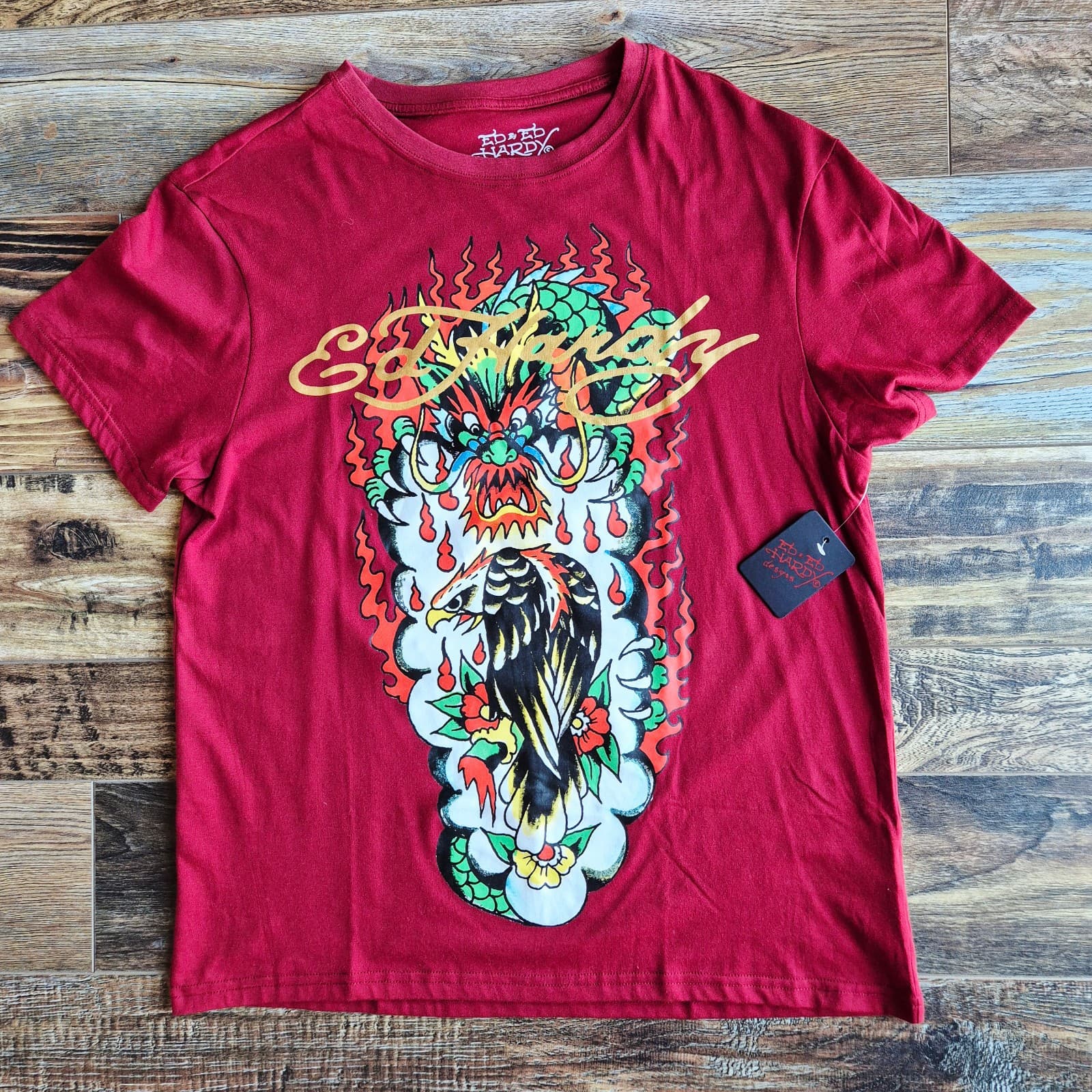 NWT Ed Hardy Dragon Eagle Graphic T-Shirt Crewneck Short Sleeve Red Wine Men's M