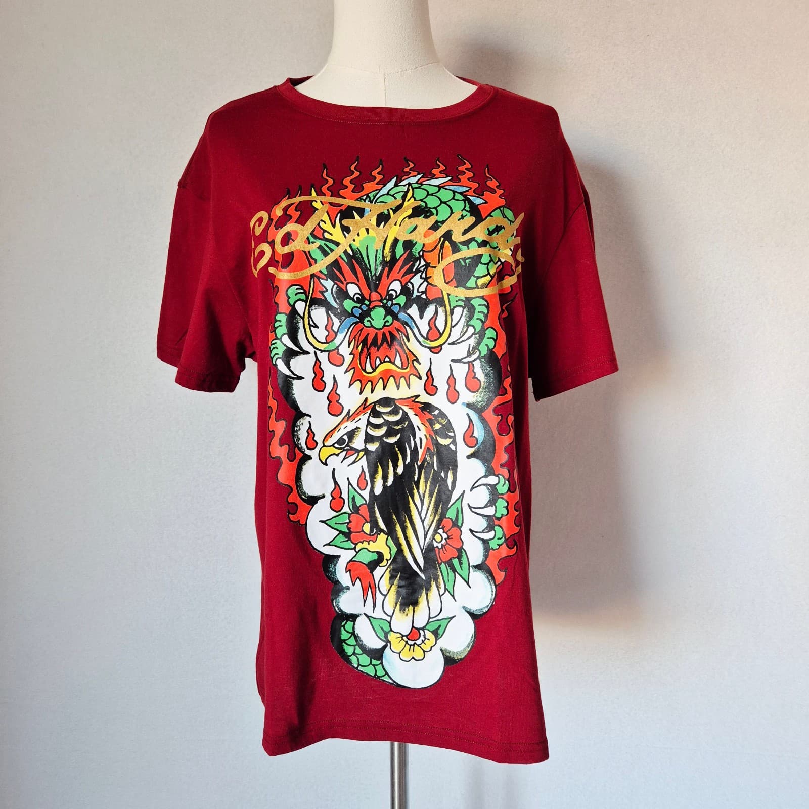 NWT Ed Hardy Dragon Eagle Graphic T-Shirt Crewneck Short Sleeve Red Wine Men's M - Thumbnail 2