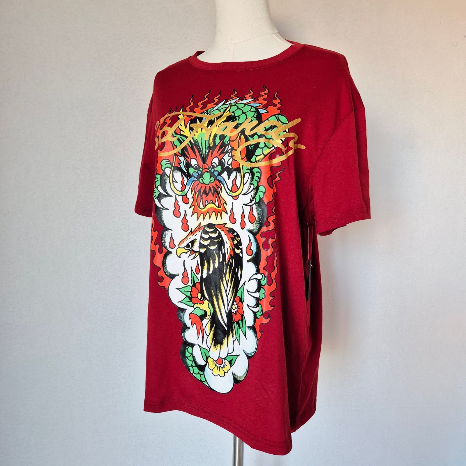 NWT Ed Hardy Dragon Eagle Graphic T-Shirt Crewneck Short Sleeve Red Wine Men's M - Thumbnail 4