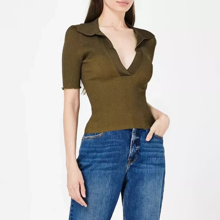 Good American Plait Rib Knit Polo Shirt Short Sleeve Stretch Green Women 2 (10) - Thumbnail 2