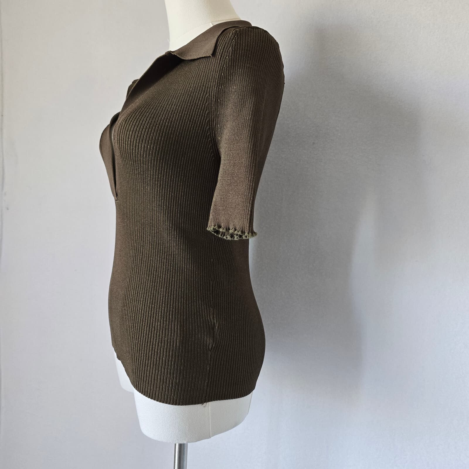 Good American Plait Rib Knit Polo Shirt Short Sleeve Stretch Green Women 2 (10) - Thumbnail 5